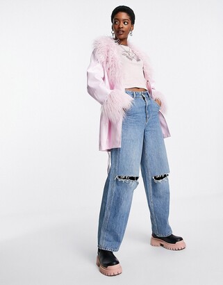 ASOS DESIGN faux leather mom jacket with faux fur collar in pink - ShopStyle