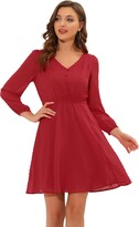 Thumbnail for your product : Allegra K Women's Elastic Waist V Neck 3/4 Sleeve A-line Solid Flowy Chiffon Dress Brown Green 12