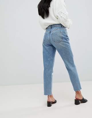 ASOS Petite Original Mom Jean In Phoebe Wash With Rips And Stepped Hem