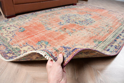 Bungalow Rose Handcrafted Vintage Turkish Rug With Unique Orange And Blue Pattern For Rustic Floor Decor And Bohemian Vibe