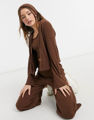 Monki Cora fluffy knitted cardigan in brown 4 piece co