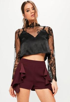 Missguided Burgundy Frill Side High Waisted Shorts, Red