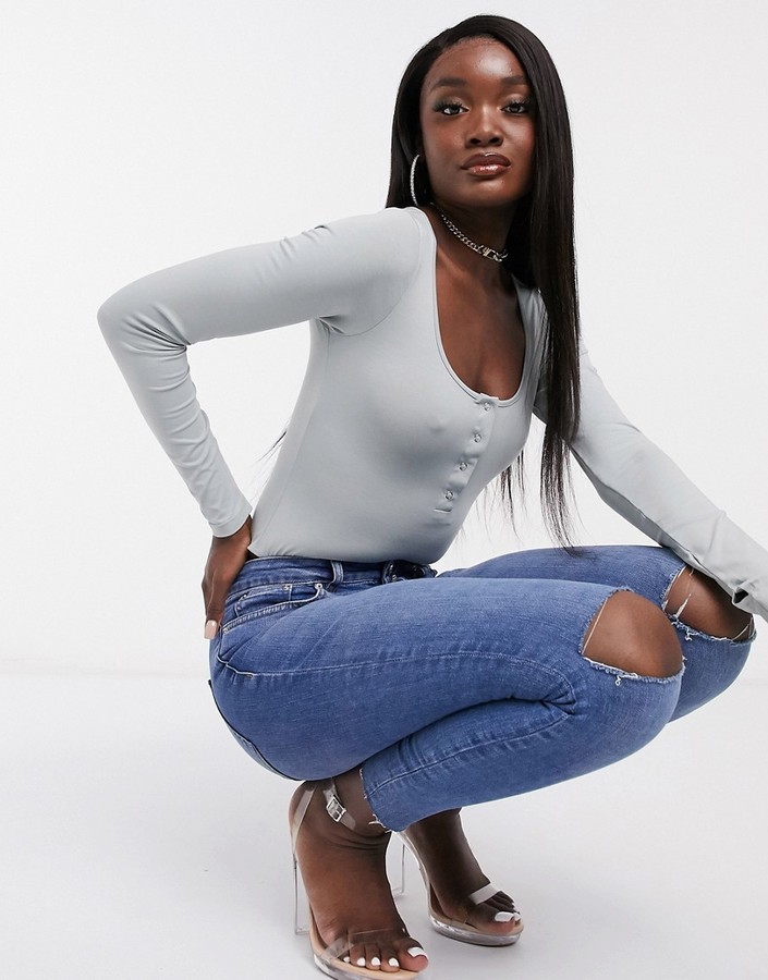 ASOS DESIGN bodysuit with popper front and thumbhole in sage ShopStyle