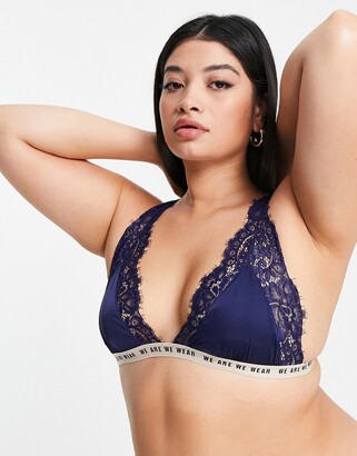 We Are We Wear Curve lace trim satin triangle bralet with logo underband in navy