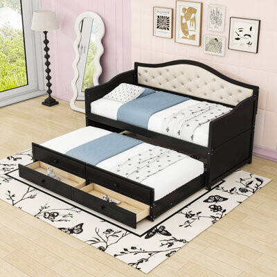 Lark Manor Twin Wooden Daybed with Trundle and 2 Drawers
