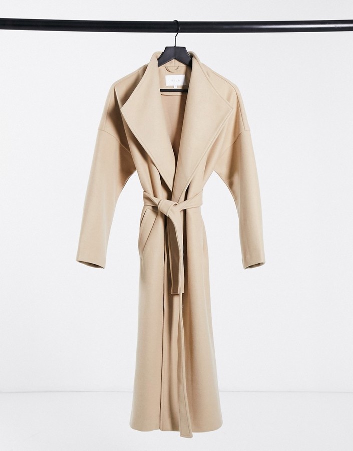 Vila waterfall maxi coat with tie waist in beige - ShopStyle