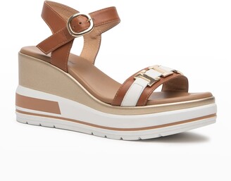 Nero Giardini Bicolor Leather Ankle-Strap Wedge Sandals