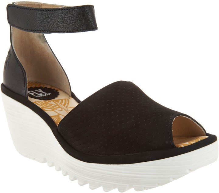 Fly London Perforated Leather Wedge Sandals - Yake - ShopStyle