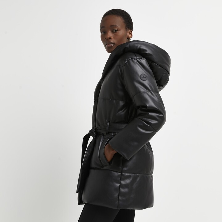River Island Womens Black faux leather padded puffer coat
