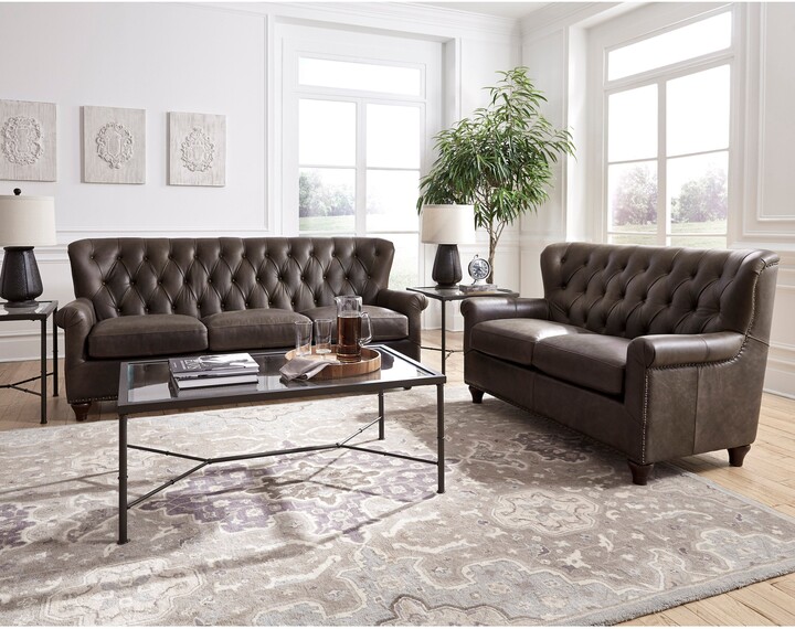 Hays Distressed Brown Tufted Leather Chesterfield Sofa and Loveseat Set