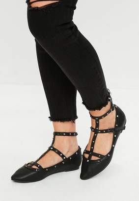 Missguided Black Studded Detail Pointed Flat Shoes, Black