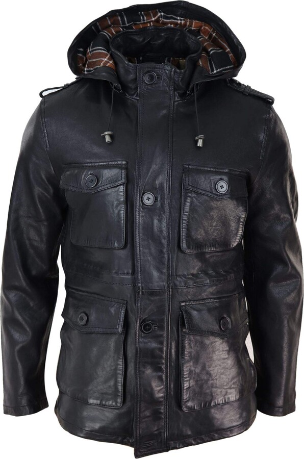 Infinity Leather Mens 3/4 Long Real Leather Duffle Jacket Coat Safari ...