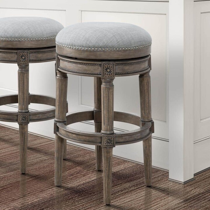 New Ridge Home Goods Chapman 31 in. Weathered Gray Backless Wood Swivel Bar Stool with Upholstered Gray Seat, 1-Stool