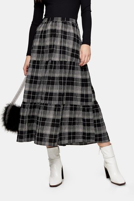Topshop Black Check Tiered Midi Skirt