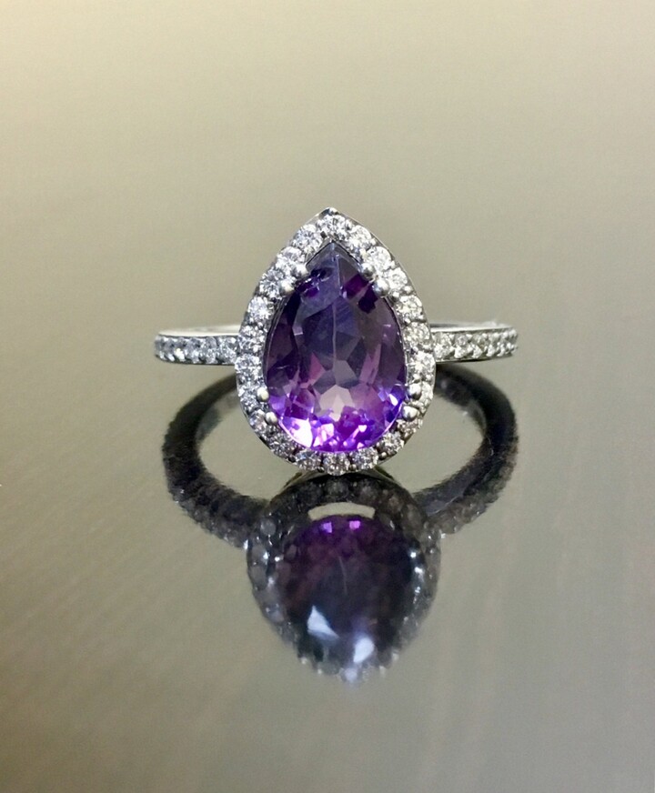 Etsy 18K White Gold Halo Diamond Amethyst Engagement Ring - Art Deco Wedding Pear Shape