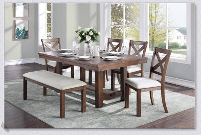 One Allium Way Brown Finish 6-Piece Dining Set with Rectangular Table, Bench, and for Transitional Kitchens
