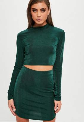 Missguided Green Slinky Curved Hem Skirt