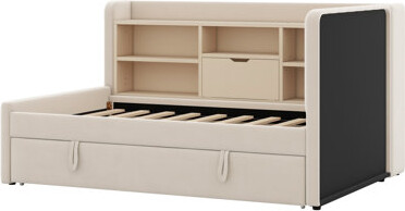 Mercer41 Upholstered Daybed With Trundle Storage Shelves USB & Outlet
