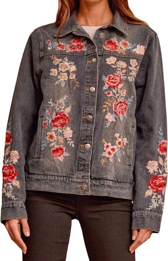 Andree By Unit Savanna Floral Embroidered Denim Jacket in Charcoal ...