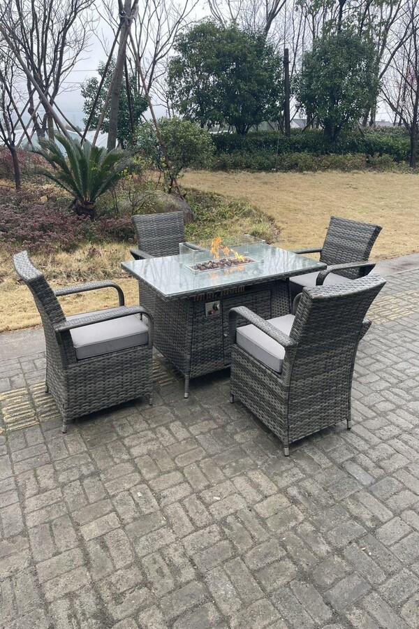 Fimous PE Rattan Gas Fire Pit Oblong Table Gas Heater Dining Table And