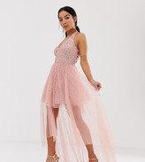 Thumbnail for your product : Dolly & Delicious Petite cowl front embellished mini prom dress with train in pink