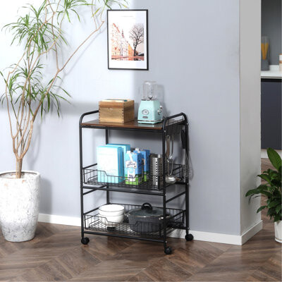 17 Stories 3 Tier Kitchen Cart With 2 Sliding & Side Hooks Compact For Efficient Storage Island Adaptable Various Room Settings