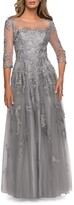 Thumbnail for your product : La Femme Lace Applique 3/4-Sleeve Tulle A-Line Gown