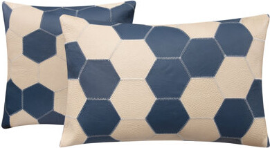 Canvello Navy Blue & Cream Cowhide Leather Pillow - Hexagonal Patchwork