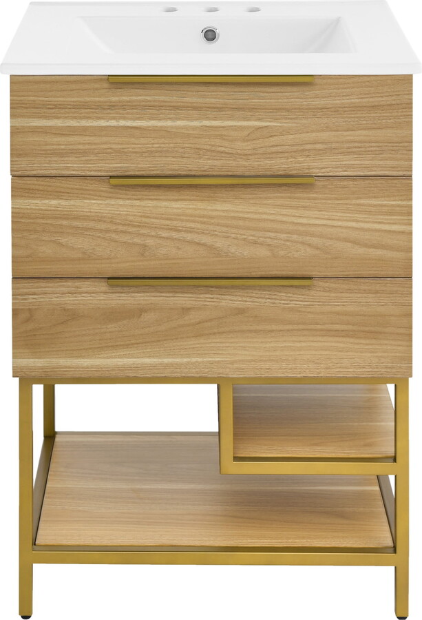 Carre 24 in. White Oak Bathroom Vanity With White, 3-Hole Ceramic Sink Top