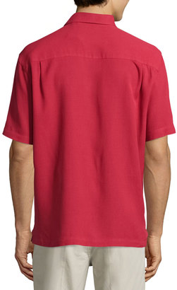 Neiman Marcus Waffle-Knit Short-Sleeve Shirt, Rosewood