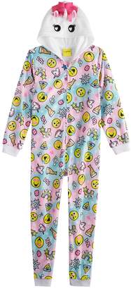 Girls 4-12 Emoji Hooded Unicorn Union Suit Coverall Pajamas