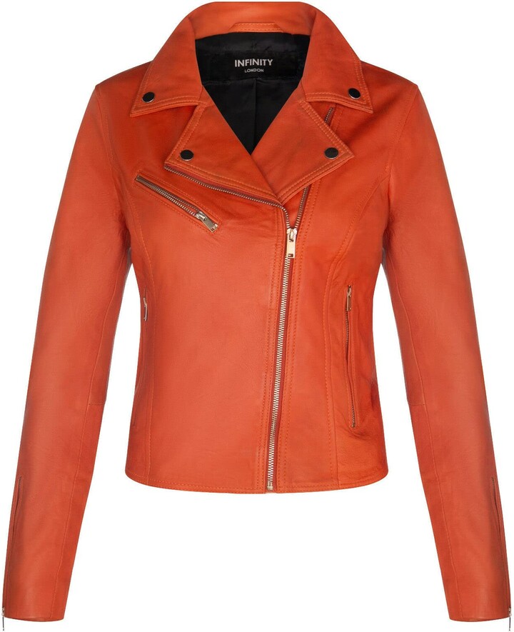 Infinity Leather Ladies Leather Jacket Classic Biker Style Orange Real