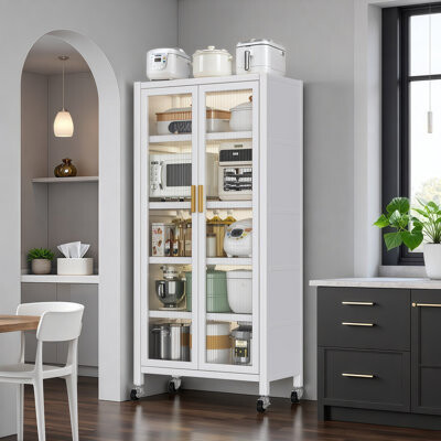 Latitude Run 65 Inch Metal Storage Cabinet, 6-Tier Kitchen Pantry with Transparent Door, Adjustable Shelves and Wheels