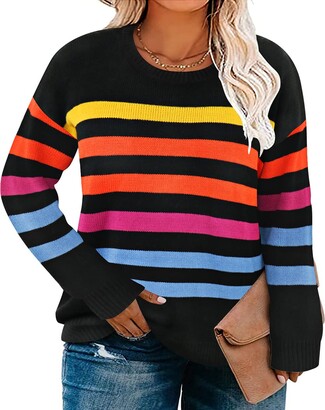 Maglione Donna Arcobaleno Vintage Pullover Largo Manica Lunga In