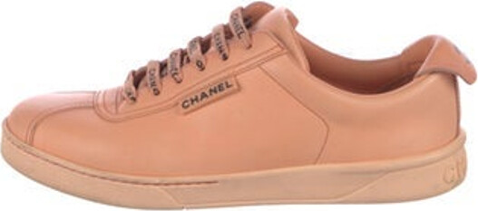 Chanel Leather Low Top Sneakers By Karl Lagerfeld Orange Interlocking CC Logo Round-Toes Lace-Up Closure at Uppers Designer