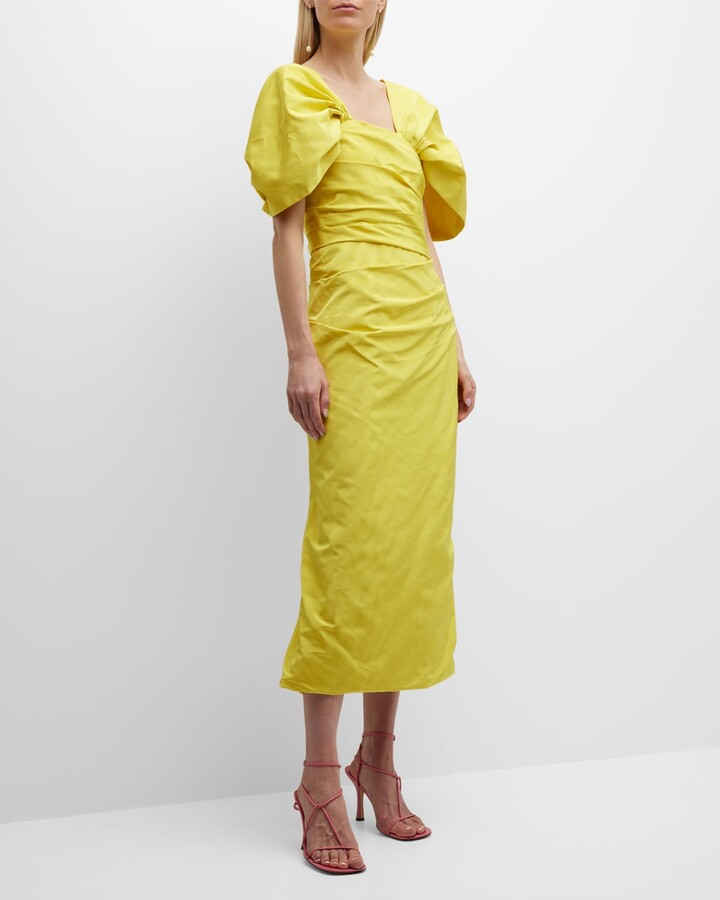 Oscar de la Renta Draped Puff-Sleeve Moire Faille Tea-Length Gown ...
