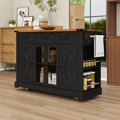 Lark Manor Farmhouse Kitchen Island Cart with Drop Leaf, Power Outlets, Ample Storage and Tempered Glass Doors