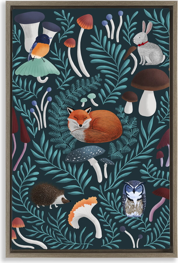 Stupell Woodland Animals & Botanical Sprigs Brown Framed Floater Canvas Wall Art, design by Metka Hiti