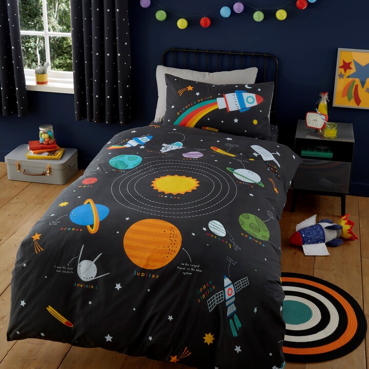 Dunelm Outer Space Duvet Cover and Pillowcase Set Black/Blue/Yellow