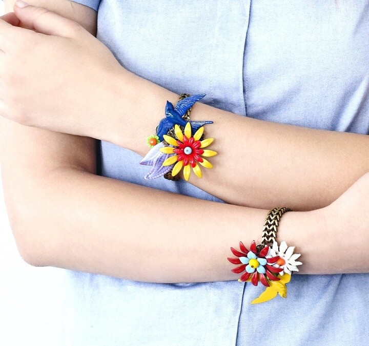 Etsy Vintage Collage Bracelet Enamel Flowers & Bird Cuff Unique Metal Art