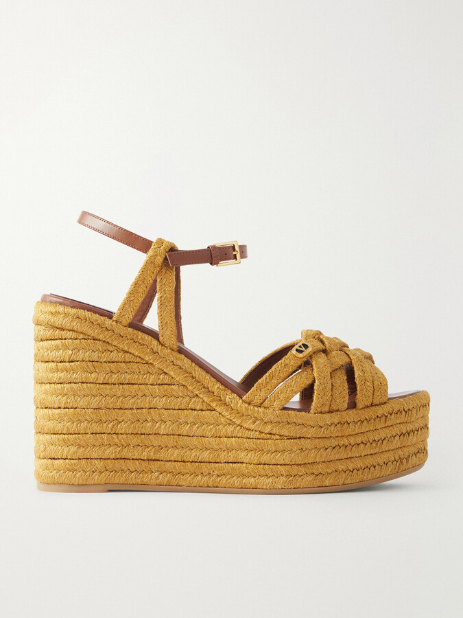 Valentino Garavani - 120 Leather-trimmed Logo-embellished Raffia Espadrille Wedge Sandals - Brown