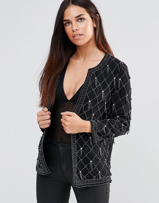 French Connection Pearl Cage Collarless Embellished Jacket