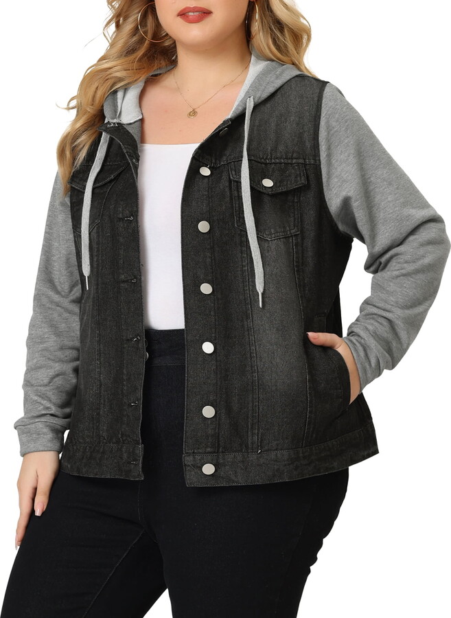 Unique Bargains Juniors’ Plus Size Layered Drawstring Hood Denim Utility Outerwear Jacket 4X Black