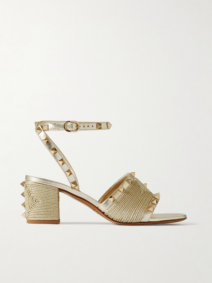 Valentino Garavani Rockstud 60 Embellished Raffia-trimmed Metallic Leather Sandals - Gold