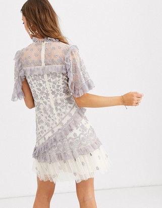 Needle & Thread embroidered lace mini dress with sheer sleeves in blue and cream