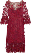 Thumbnail for your product : Marchesa Notte Velvet-trimmed Floral-appliqued Embroidered Tulle Midi Dress