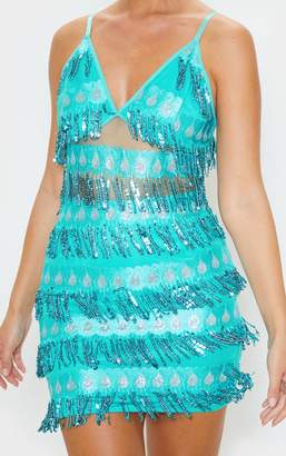 PrettyLittleThing Turquoise Strappy Sheer Panel Sequin Bodycon Dress