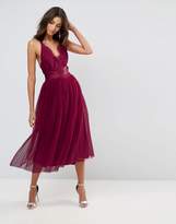 Thumbnail for your product : ASOS Tall TALL PREMIUM Lace Top Tulle Midi Prom Dress with Ribbon Ties