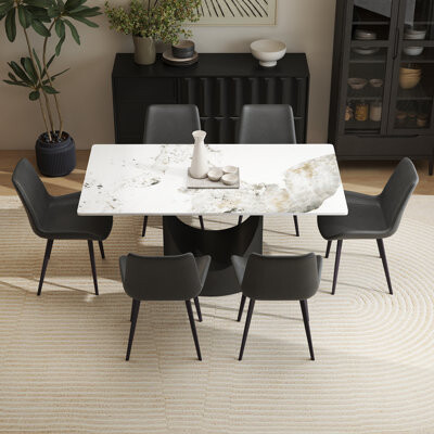 Wrought Studio Juvan 5-Piece Modern Rectangular Sintered Stone Dining Table Set With 6 PU Leather Chairs