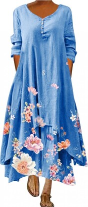 SIGOYI Casual Floral Print Maxi Dress for Women Bohemian Flowy Dresses Ladies Long Sleeve Smock Dress Round Neck Loose Dresses 